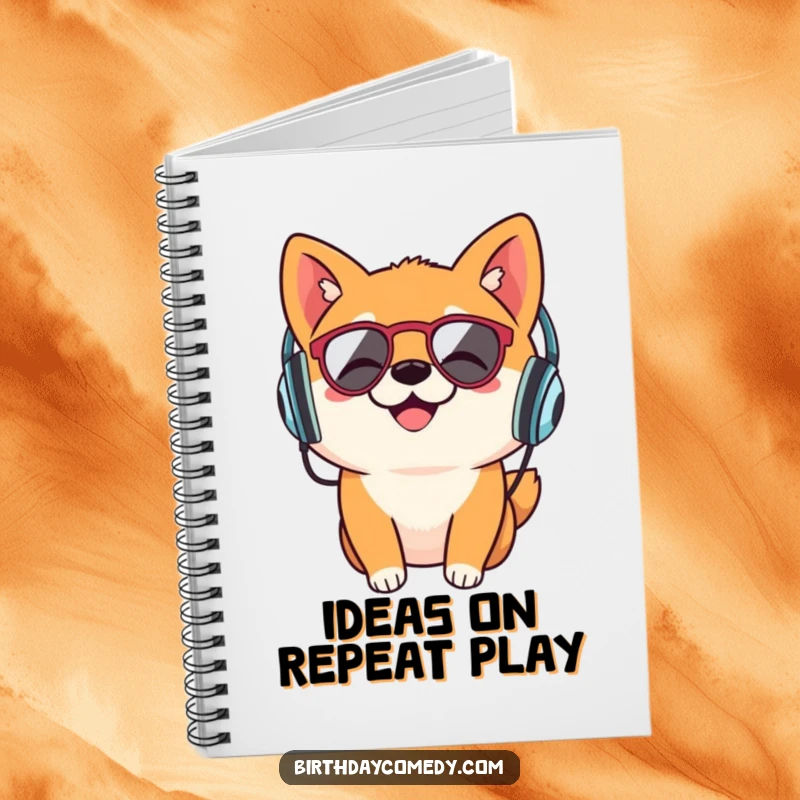 Funny Shiba Inu notebook, retro headphones, music lover journal, dog themed stationery, creative writing tool.