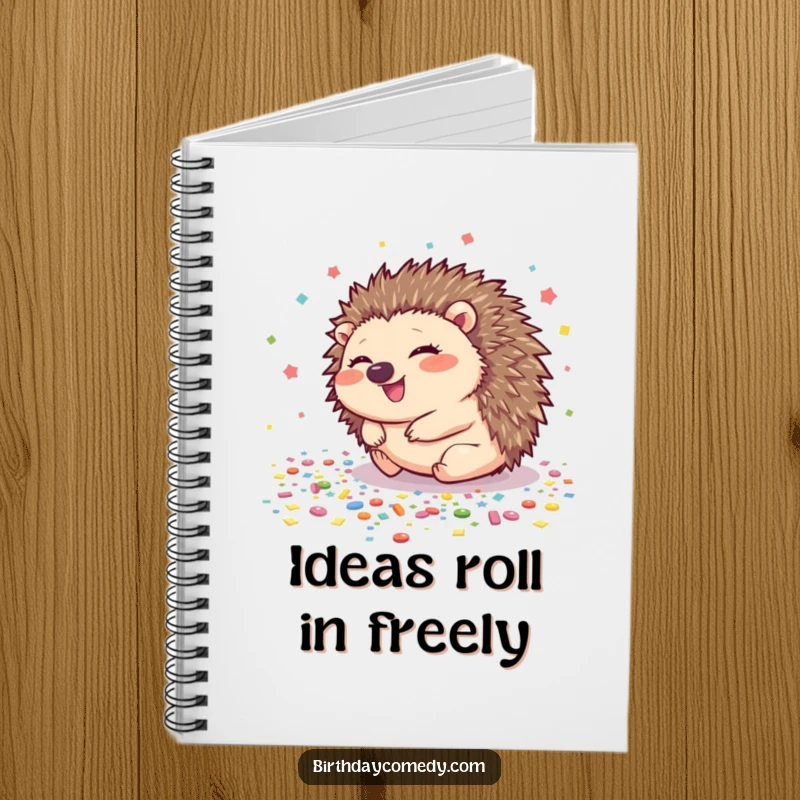 Funny hedgehog notebook cover featuring a giggling hedgehog rolling through confetti, perfect for writing and drawing.