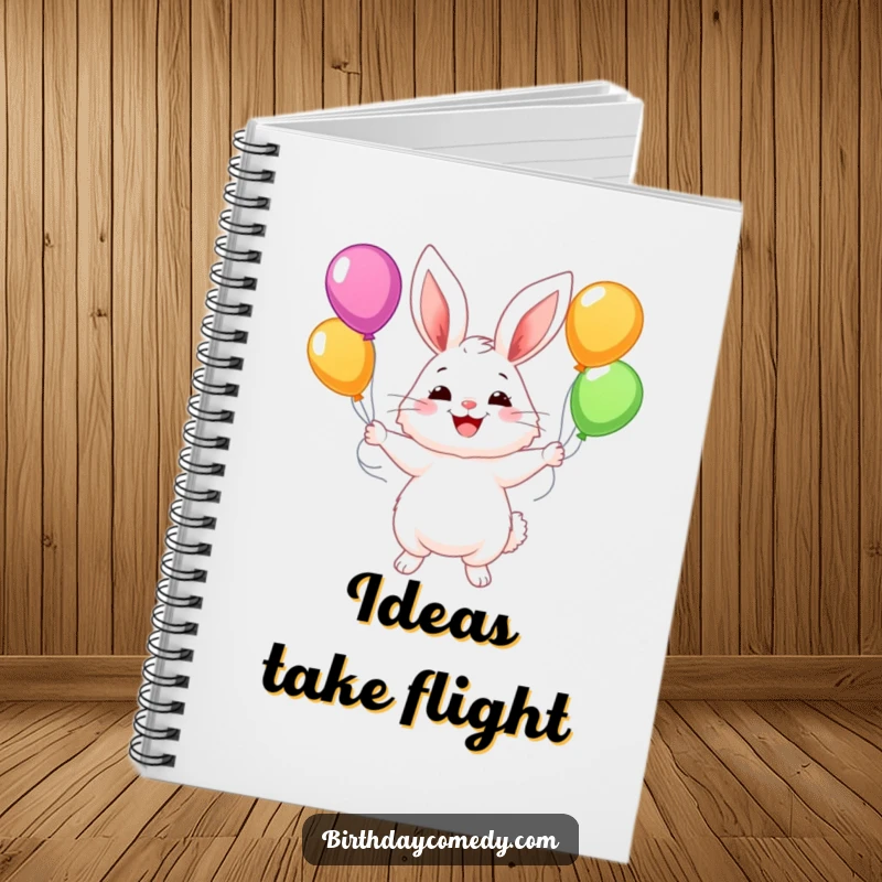 Funny notebook with a fluffy bunny character juggling colorful balloons with a wide smile, great for jotting down happy thoughts.
