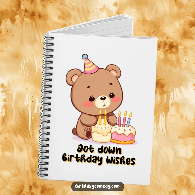Funny birthday notebook cover featuring a playful bear in a party hat blowing out candles on a tiny cake, ideal for note-taking.