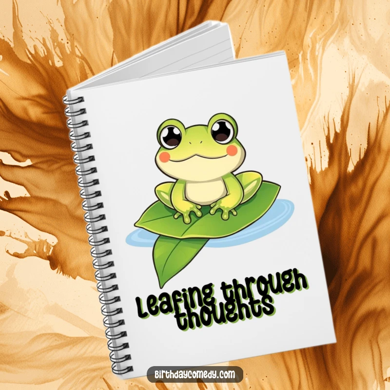 Funny frog notebook with a content frog with bulging eyes floating on a leaf, ideal for journaling happily.