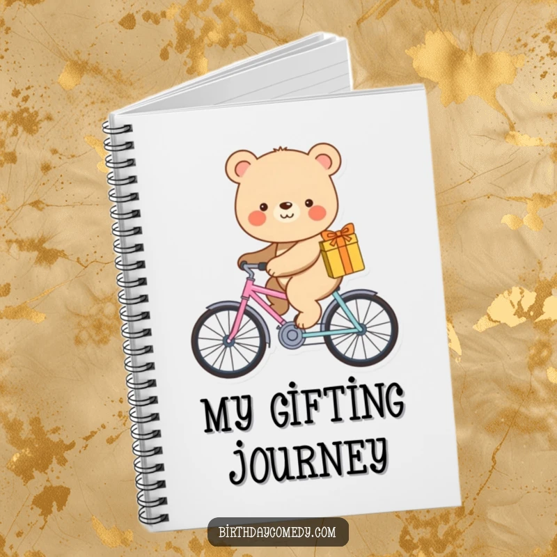 Funny notebook cover featuring a smiling bear riding a tiny bicycle with a gift.