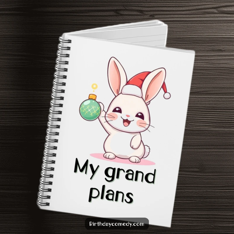 Funny Rabbit Holiday Notebook: A joyful rabbit in a festive hat holds a sparkling ornament, perfect for jotting down holiday plans.
