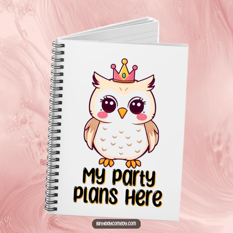 Funny owl notebook adorned with a joyful owl wearing a tiny party crown, perfect for humorous note-taking.
