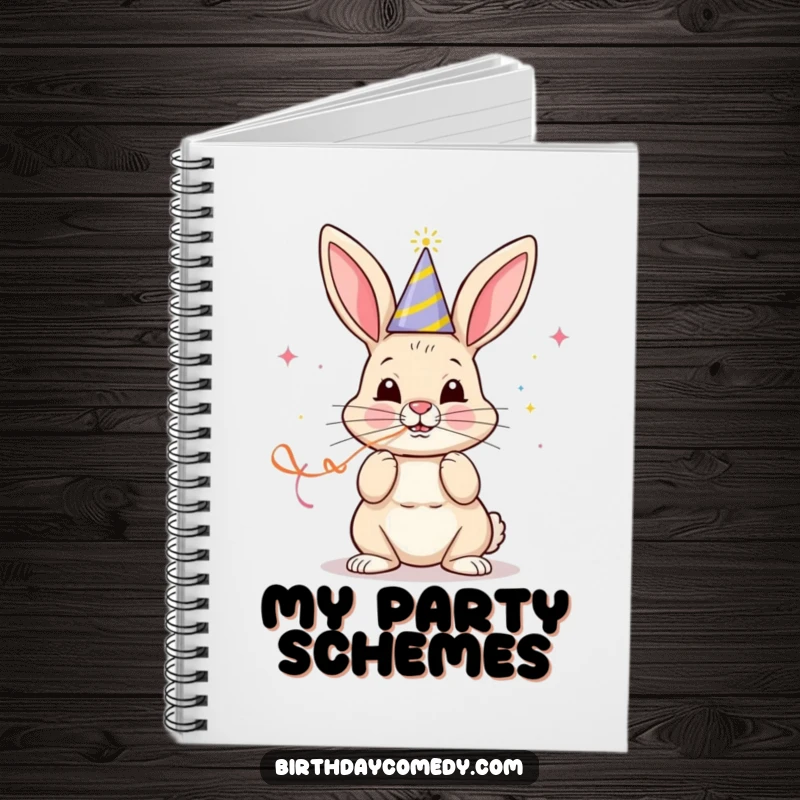 Funny notebook with a cheerful bunny in a party hat blowing a streamer with determined focus, perfect for organized fun.