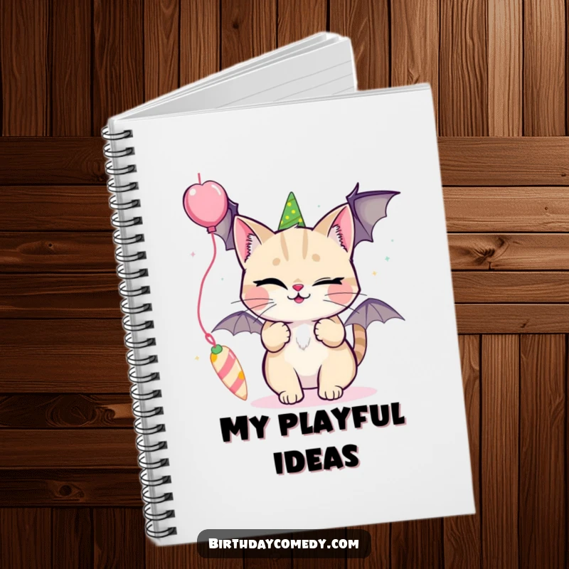 Funny notebook cover featuring a winking cat playfully batting at a dangling party streamer.