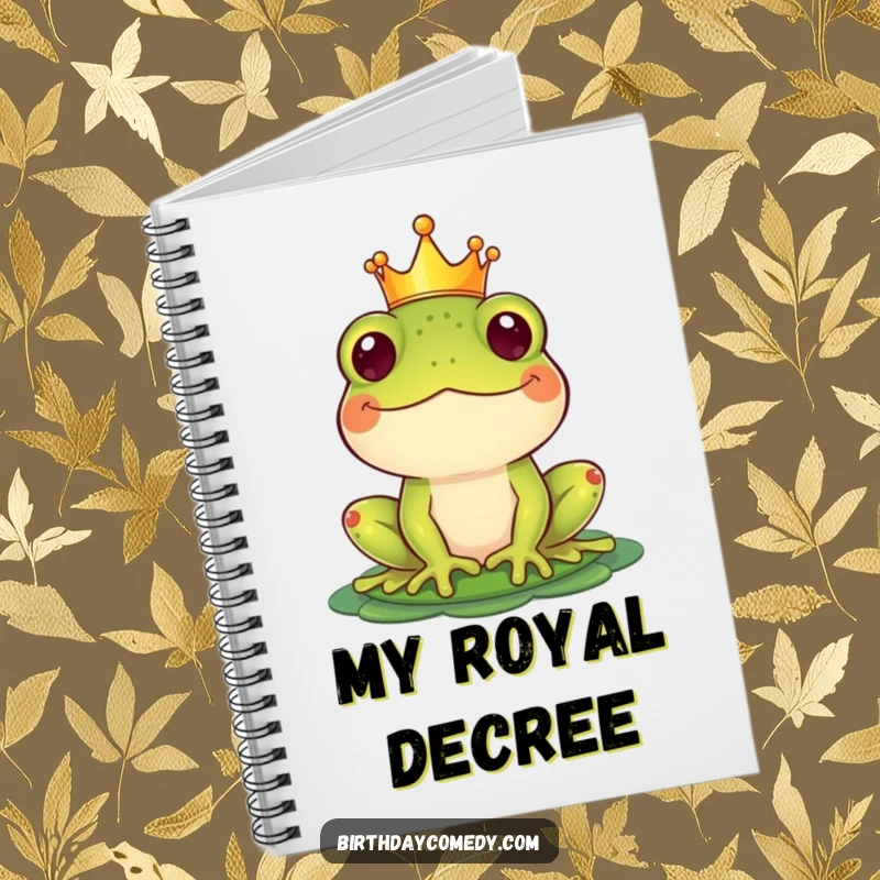 Funny Notebook featuring a happy frog with a crown, balancing a lily pad like a hat, perfect for journaling.