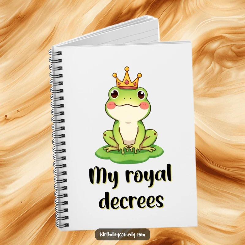 Funny notebook cover with a happy frog character wearing a small crown and balancing a lily pad as a hat, perfect for journaling.