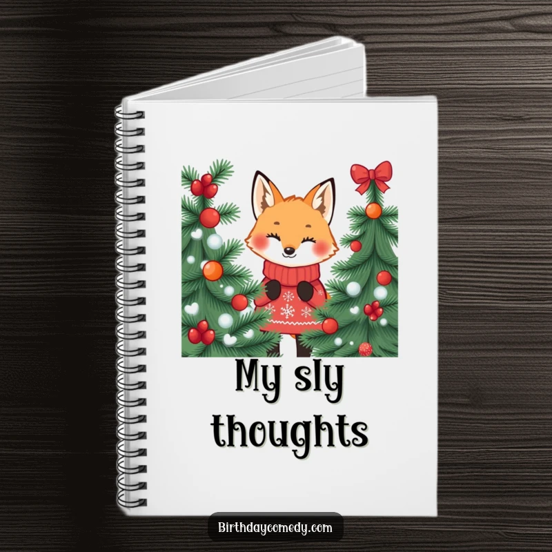 Funny fox notebook cover, in a festive jumper, peeking from behind a tree, ready for all your brilliant ideas.