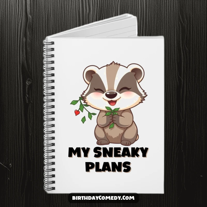Funny badger notebook cover, holding mistletoe, winking playfully, ready for all your bright ideas.