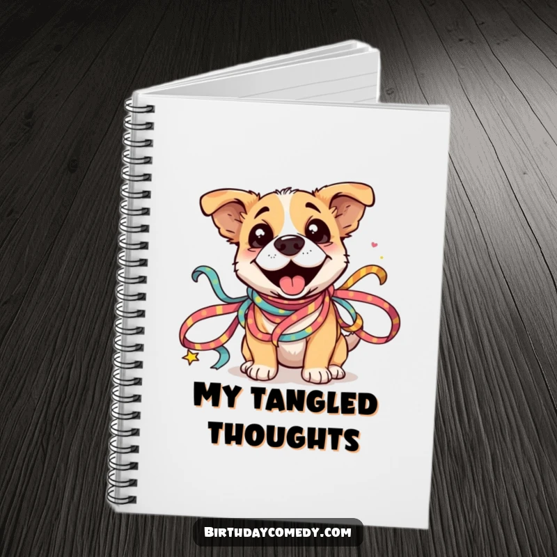 Funny Dog Ribbon Notebook: A silly dog happily tangled in festive ribbons, perfect for jotting down playful ideas.