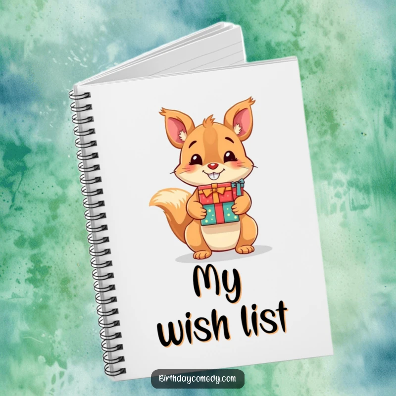 Funny notebook cover showing a playful squirrel with a wide grin holding a stack of holiday presents.