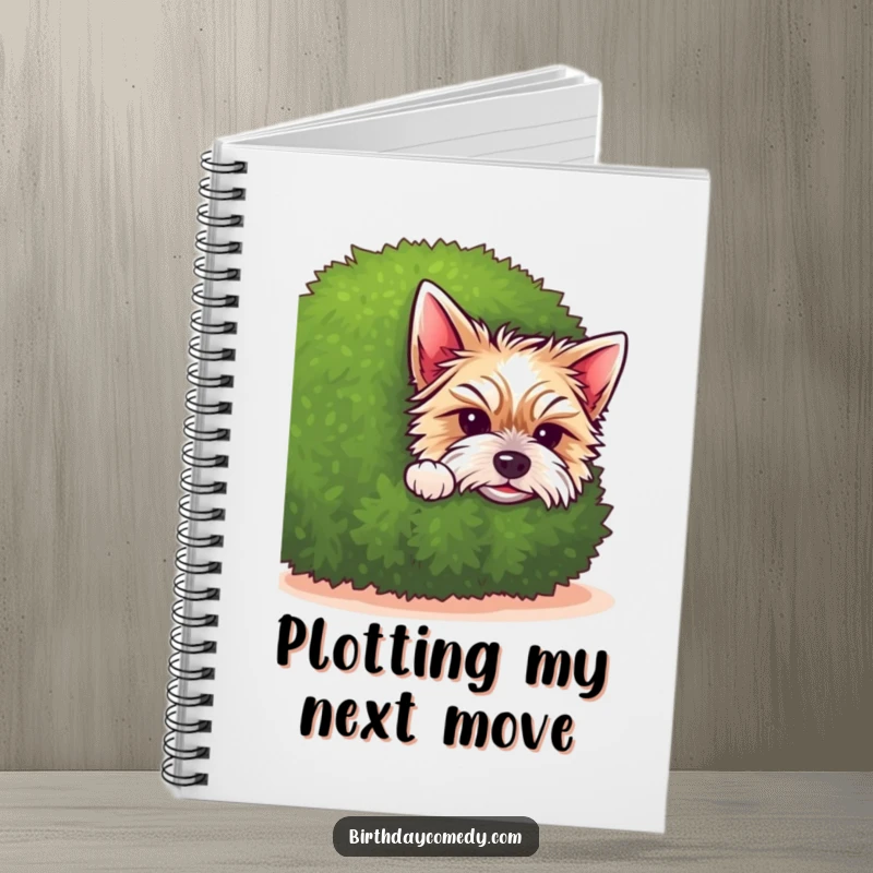 Funny terrier notebook cover featuring a cute puppy peeking from behind a shrub, ideal for jotting down charming ideas.