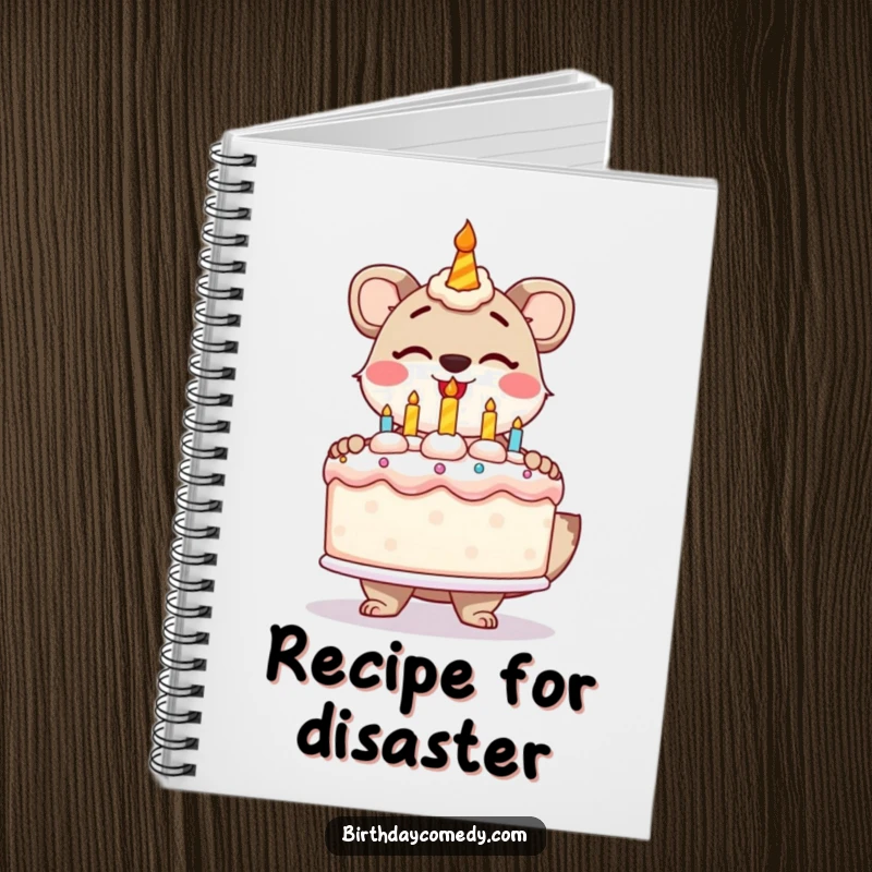 Funny notebook with a stylized animal gleefully presenting a giant, frosted birthday cake, for writing.
