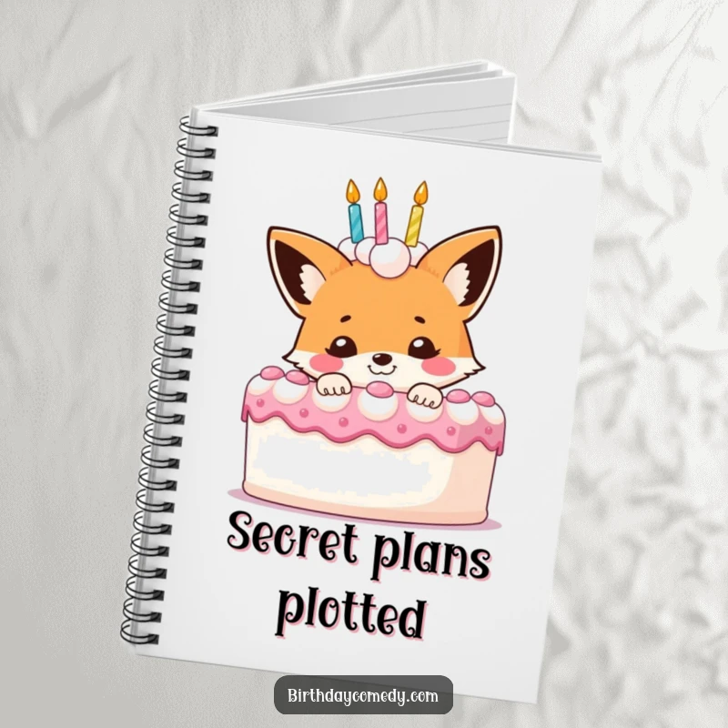 Funny fox notebook, a smiling character peeking behind a birthday cake, ideal for journaling and note-taking.