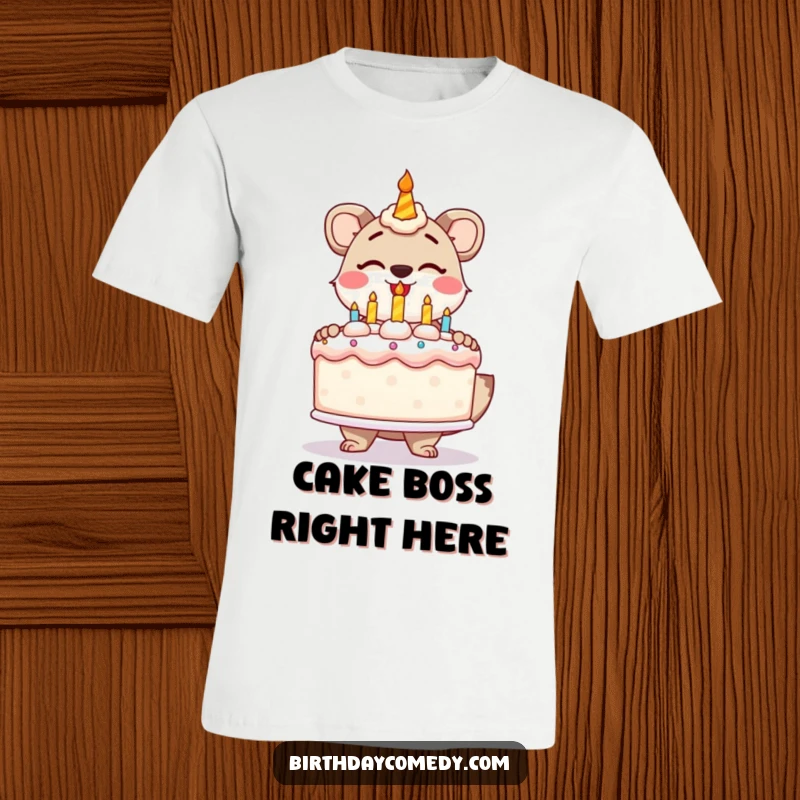 Funny t-shirt showcasing a stylized animal joyfully presenting a colossal, frosted birthday cake, ideal for parties.