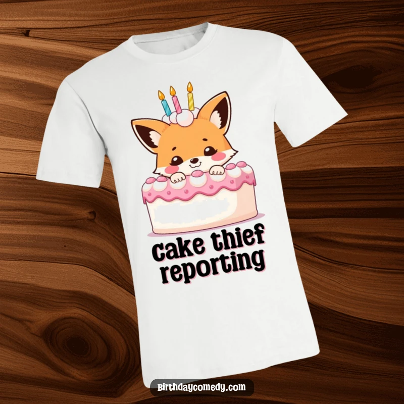 Funny fox t-shirt, a smiling character peeking from behind a massive birthday cake, embodying playful mischief.