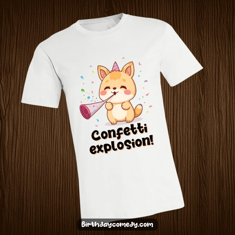 Funny t-shirt featuring a kawaii character enthusiastically blowing a party horn, showering colorful confetti, embodying pure celebration and joy.