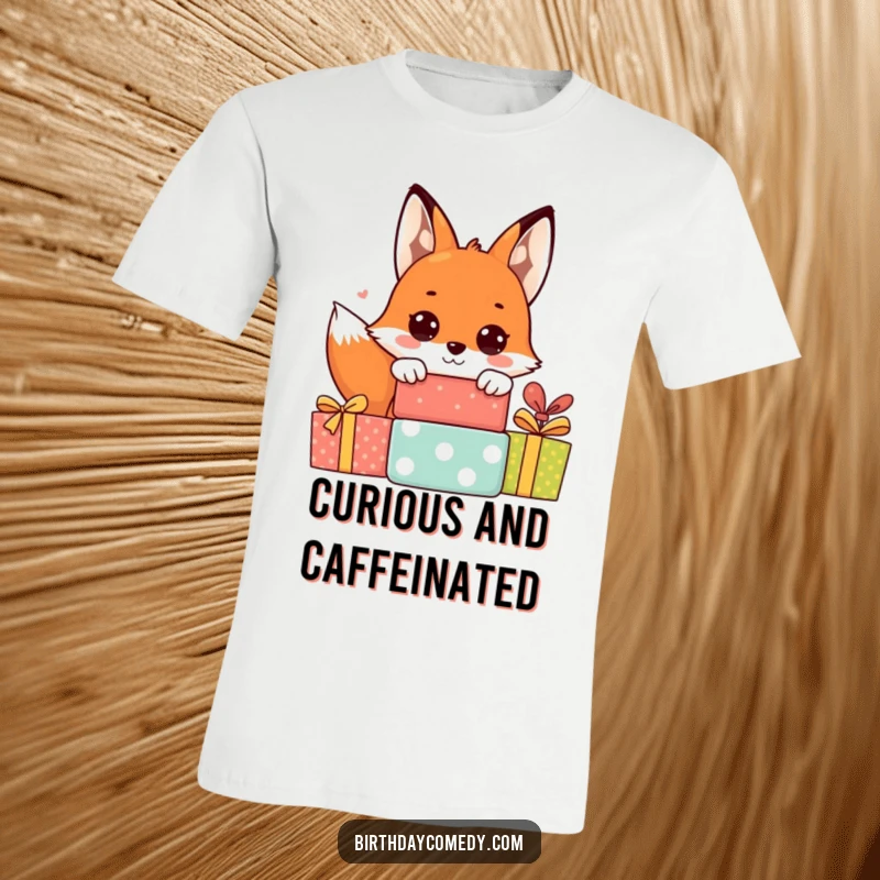 Funny fox t-shirt featuring a cheerful fox with big eyes peeking from behind a pile of gift boxes, expressing anticipation.