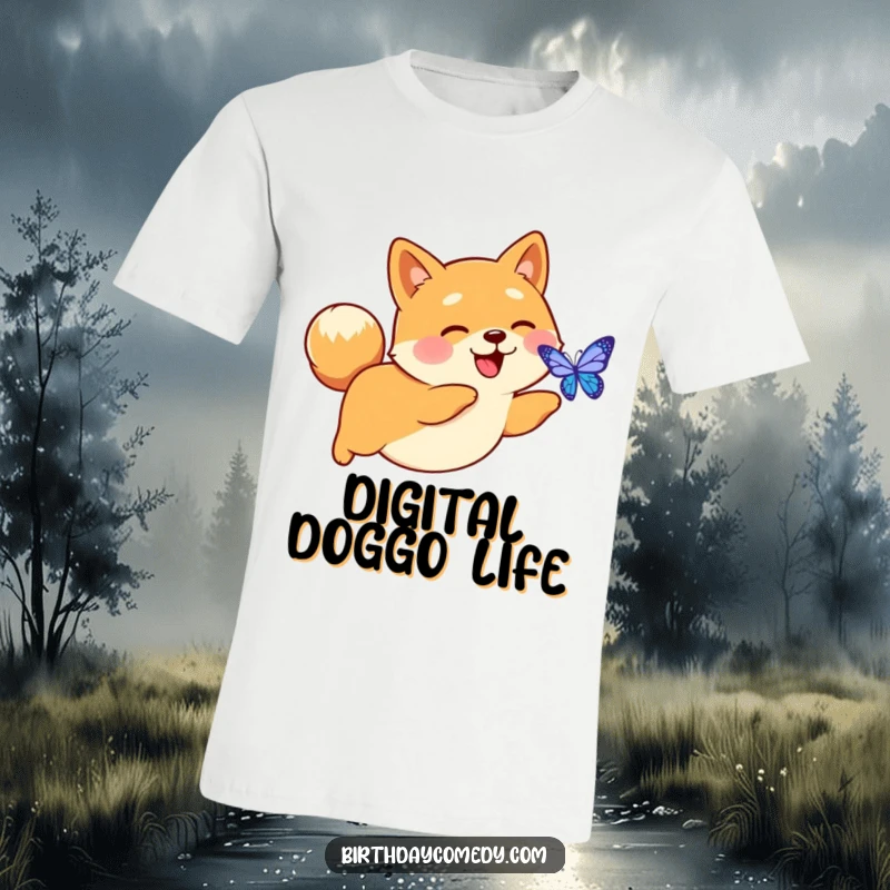 Funny t-shirt featuring a happy Shiba Inu with an alert, perky tail, actively chasing a vibrant digital butterfly.