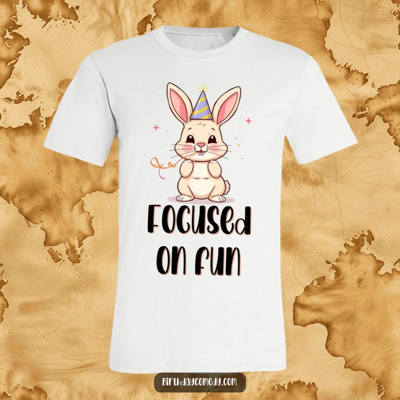 Funny t-shirt depicting a cheerful bunny in a party hat, concentrating hard on blowing a long, colorful streamer.