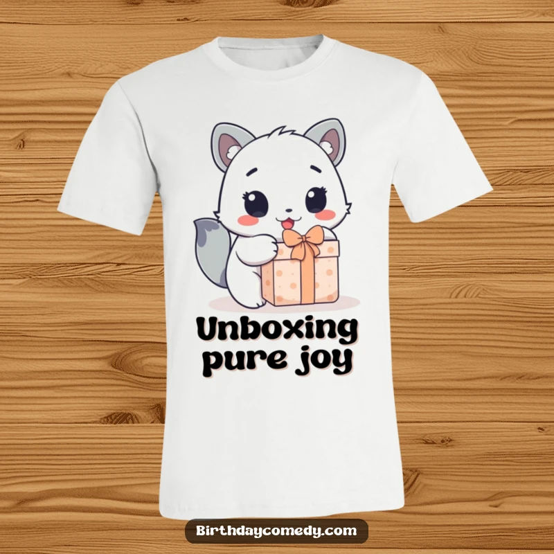 Funny t-shirt featuring a cute animal tearing into a gift with wide, ecstatic eyes, perfect for celebrations.