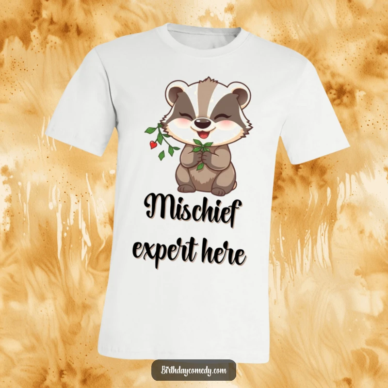 Funny badger t-shirt, holding mistletoe, winking mischievously, radiating holiday charm and playful spirit.