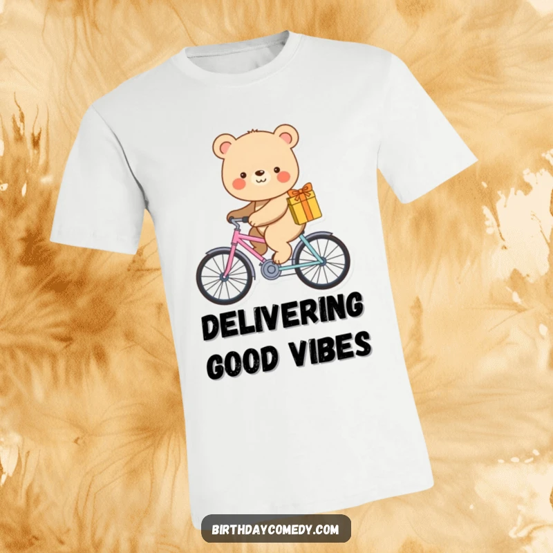 Funny t-shirt depicting a smiling bear joyfully riding a miniature bicycle with a gift.