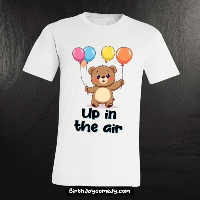 Funny bear t-shirt, a cheerful character with large eyes, actively juggling a set of colorful balloons.