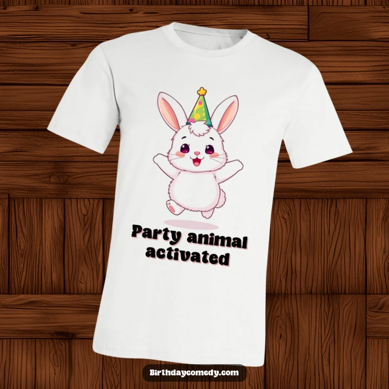 Funny bunny t-shirt, a fluffy character in a party hat, joyfully bouncing with excitement and celebration.