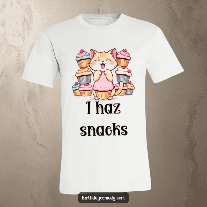 Funny cat t-shirt, giggling while balancing cupcakes, sweet and funny, great funny gift.
