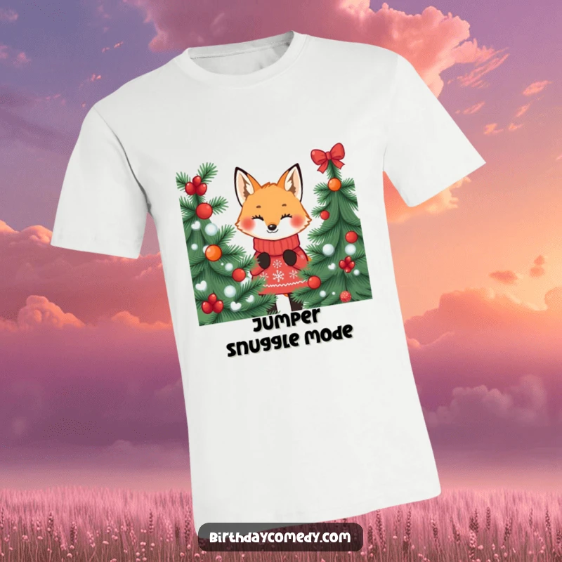 Funny fox t-shirt, in a festive jumper, peeking playfully from behind a decorated Christmas tree, full of holiday cheer.