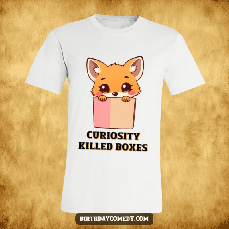Funny T-Shirt: A small fox with big, wondering eyes peeks from a huge, bursting gift box, showing playful curiosity.