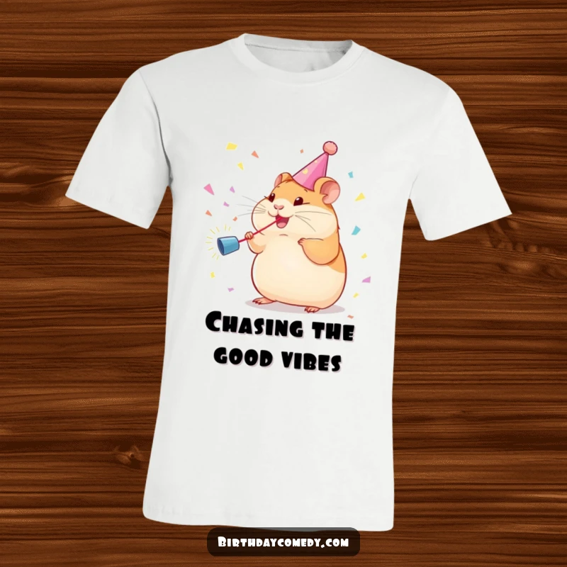 Funny T-Shirt: A plump hamster with a party streamer enthusiastically chases a burst of confetti, full of energy.