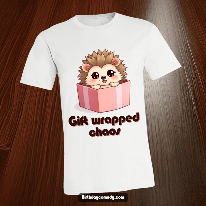 Funny hedgehog t-shirt, a happy character rolling exuberantly inside a gift box, expressing delight.