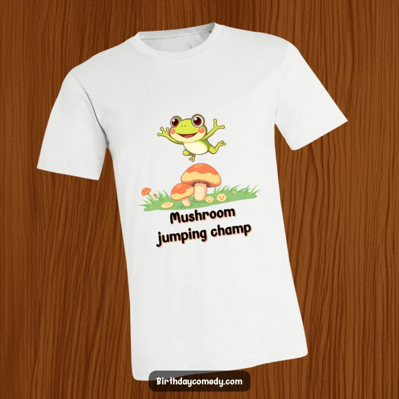 Funny T-Shirt depicting a happy, curious frog leaping energetically from one mushroom to another, full of life.