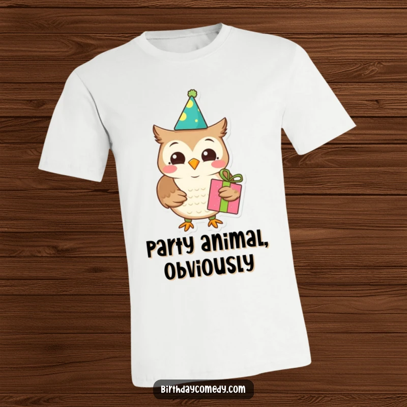 Funny owl t-shirt with birthday cap and present, expressing joy and celebration, an ideal funny gift.