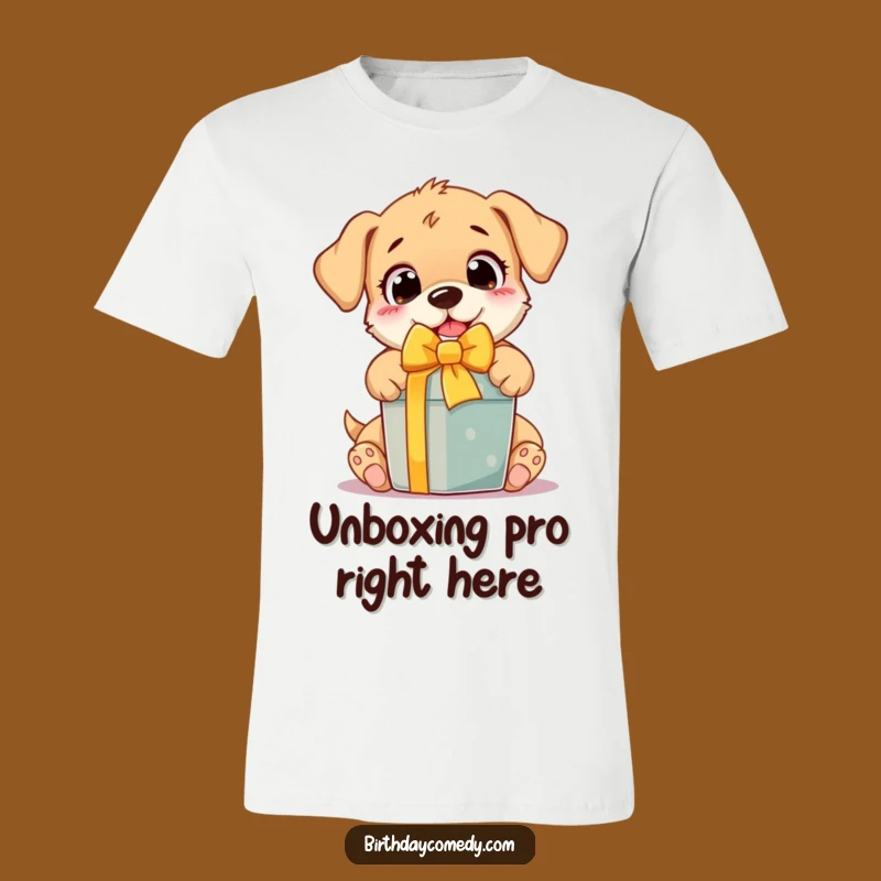 Funny Puppy T-Shirt: Excited pup unwrapping a gift, a hilariously cute tee for dog enthusiasts and a great gift.