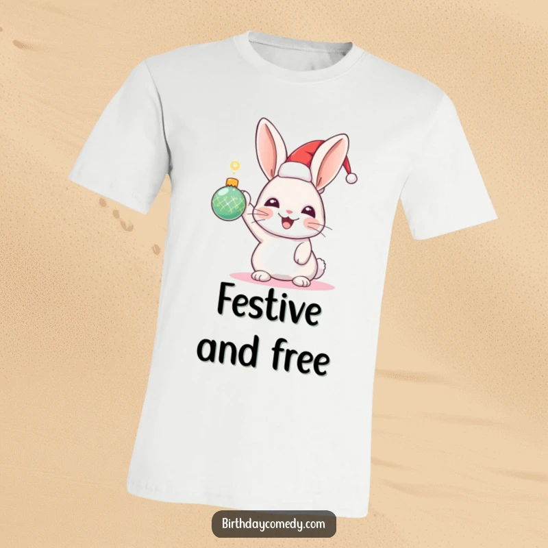 Funny Rabbit Holiday T-Shirt: An excited rabbit in a festive hat proudly displays a sparkling holiday ornament.