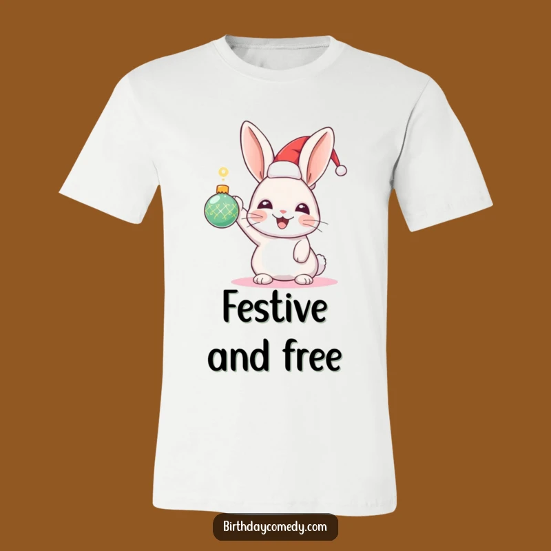 Funny Rabbit Holiday T-Shirt: Festive Hat Rabbit with Sparkling Ornament, Joyful Holiday Apparel