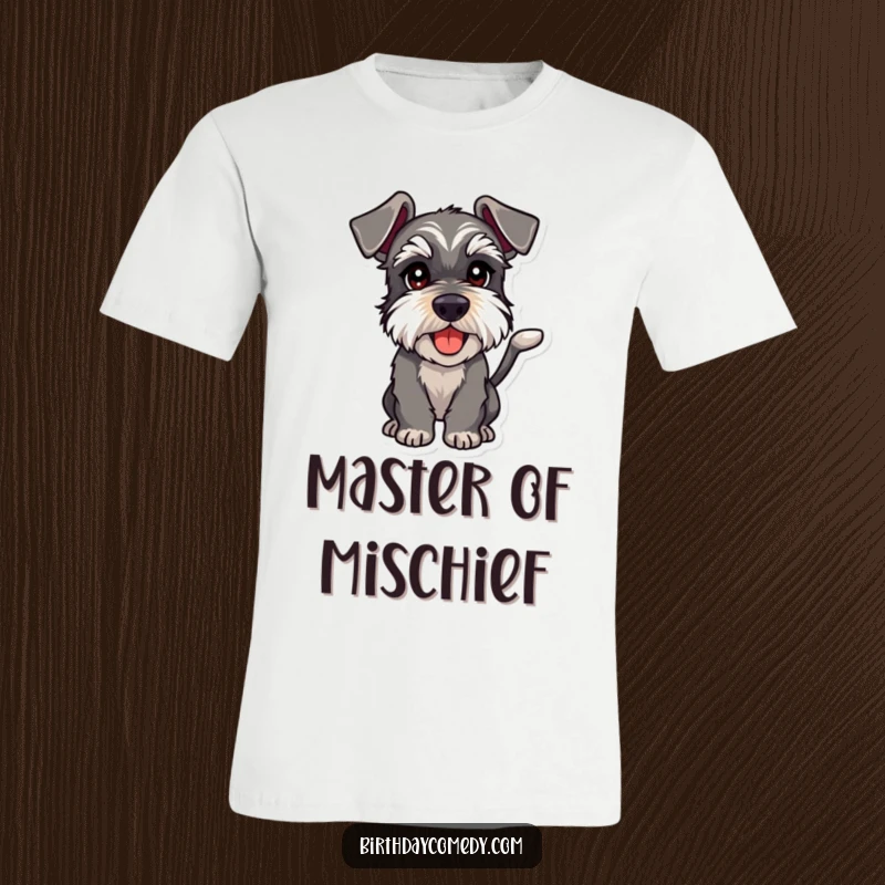 Funny schnauzer t-shirt featuring a dog with a wagging tail and gleaming eyes full of playful intent, humorous pet wear.