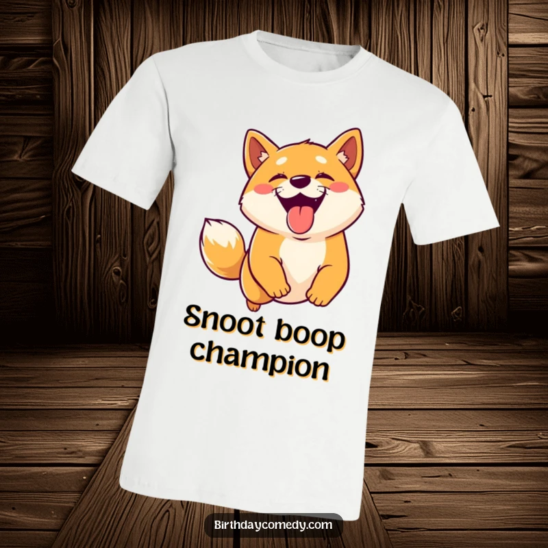 Funny Shiba Inu t-shirt illustrating a joyful dog with its tongue out, leaping enthusiastically for a digital treat.