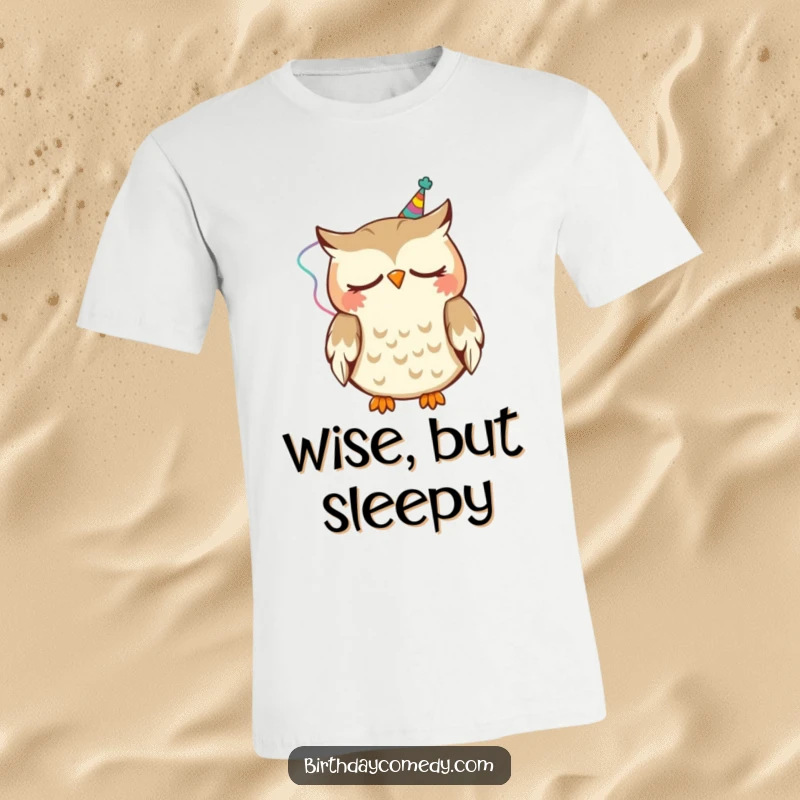 Funny T-Shirt showing a sleepy owl adorned with a party streamer, happily nodding, expressing a gentle party mood.