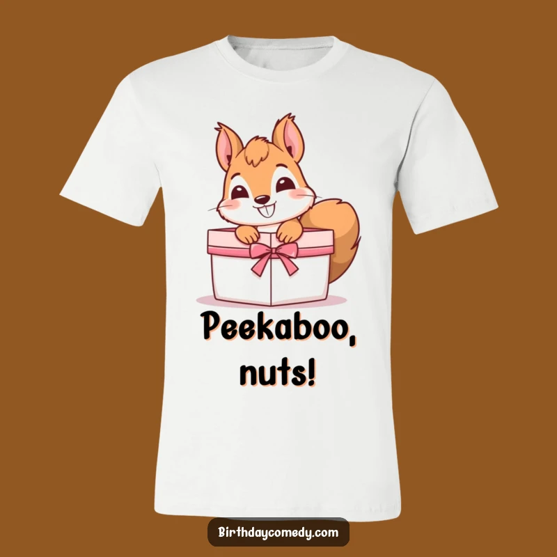 Funny Squirrel T-Shirt: Squirrel peeking from gift box, a hilariously cheeky tee for nature lovers and a great gift.