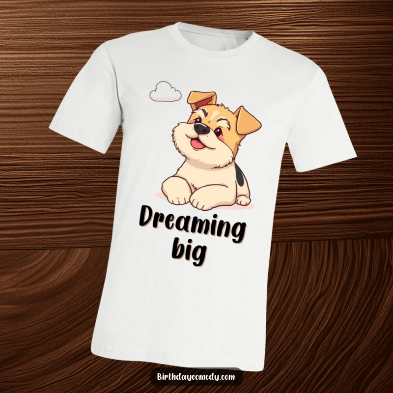Funny terrier t-shirt depicting a calm dog resting its paws, with eyes fixed on a distant cloud, radiating peaceful vibes.