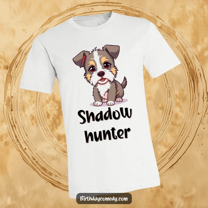Funny terrier t-shirt showcasing a mischievous dog with a glint in its eye, caught mid-chase after its own shadow, bringing laughter.
