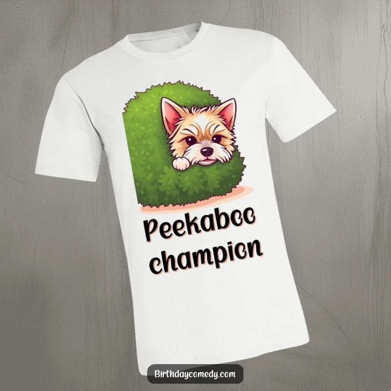 Funny terrier t-shirt depicting a cute puppy peeking from behind a shrub, bringing an element of surprise and cuteness.