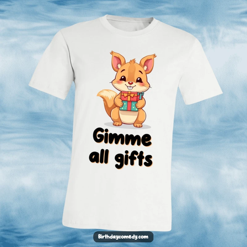 Funny t-shirt with a playful squirrel's cheerful grin holding a stack of wrapped gifts, conveying holiday cheer and fun.