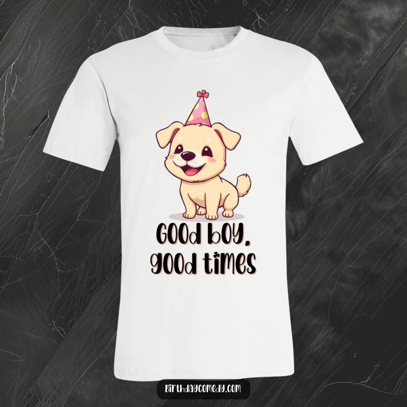 Funny dog t-shirt, silly party hat, wagging tail, energetic and happy, great funny gift.