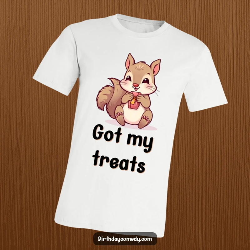 Funny t-shirt showcasing a playful squirrel unwrapping a present with excitement, ideal for humorous apparel celebrating gifts.